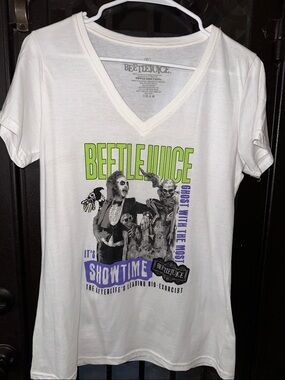 Ripple Junction Beetlejuice White V-Neck Tee with Black , Green and Purple Print